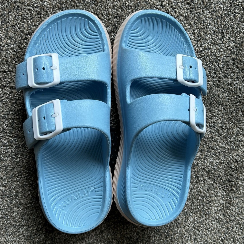 KuaiLu Womens Size 7.5 Light Blue Double Buckle Platform Recovery Slide Sandals